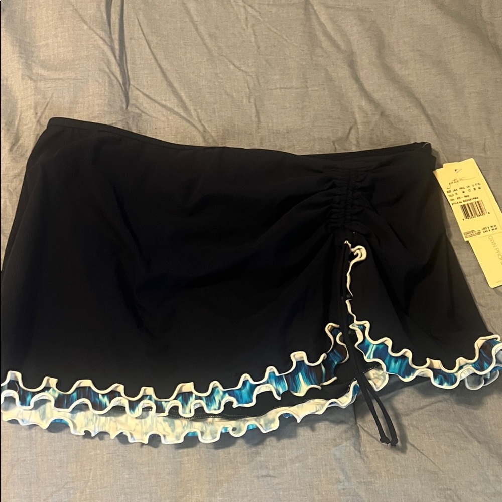 Gottex Black Swim Skirt with Blue and White Ruffle